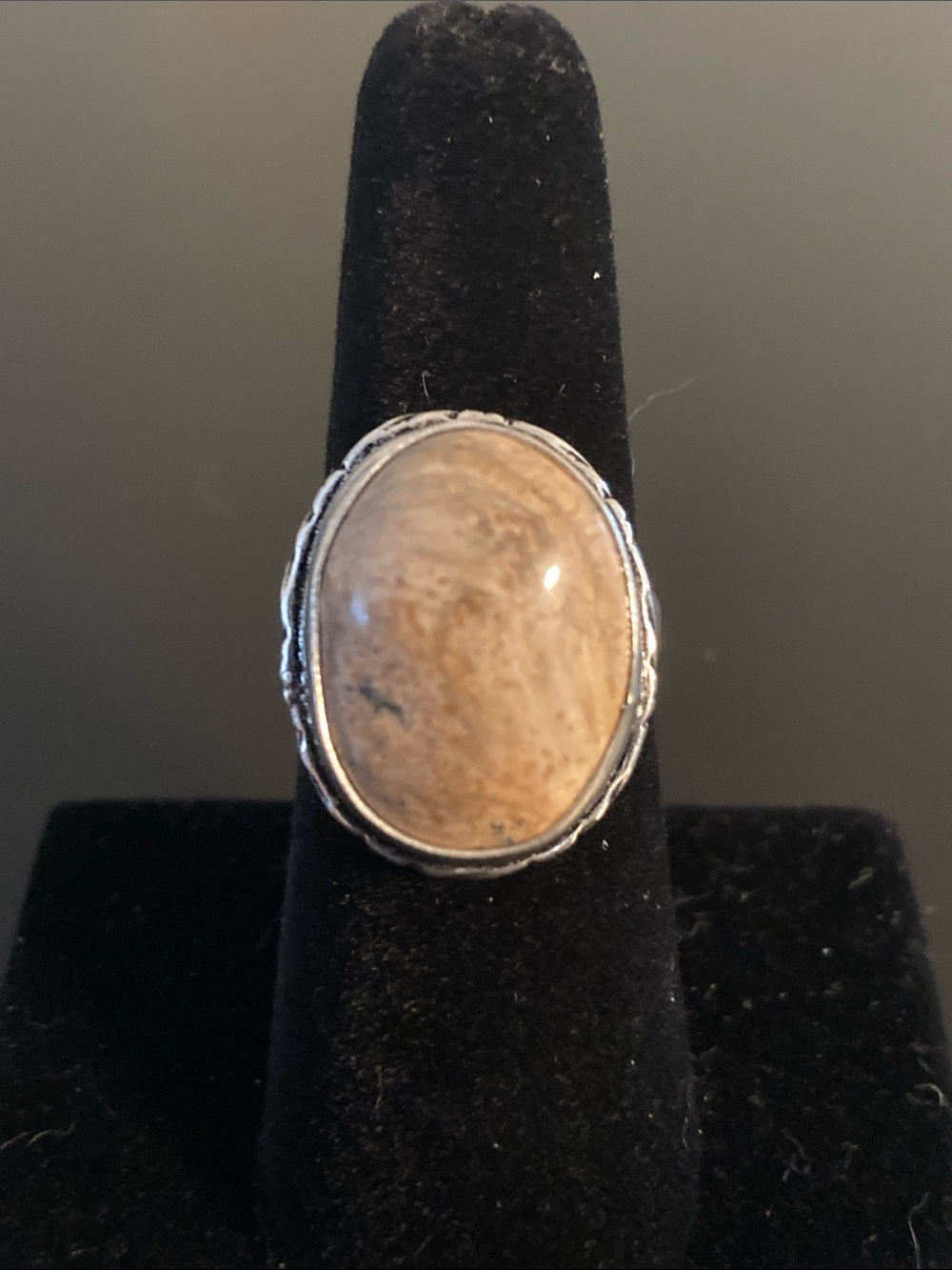 Beige Natural Stone Oval Sterling Women's Ring  size 7